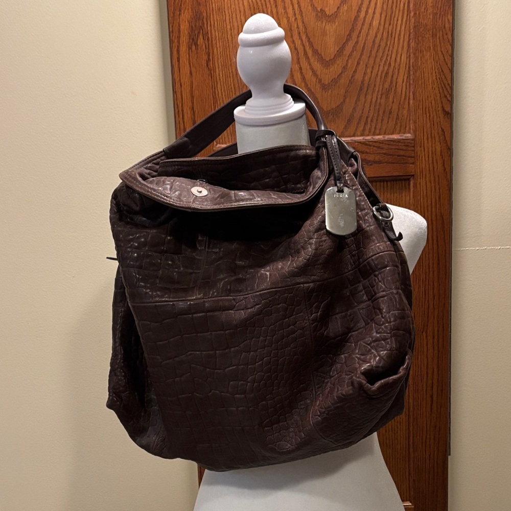 FURLA Dark Brown Leather Croc-Embossed Shoulder Bag